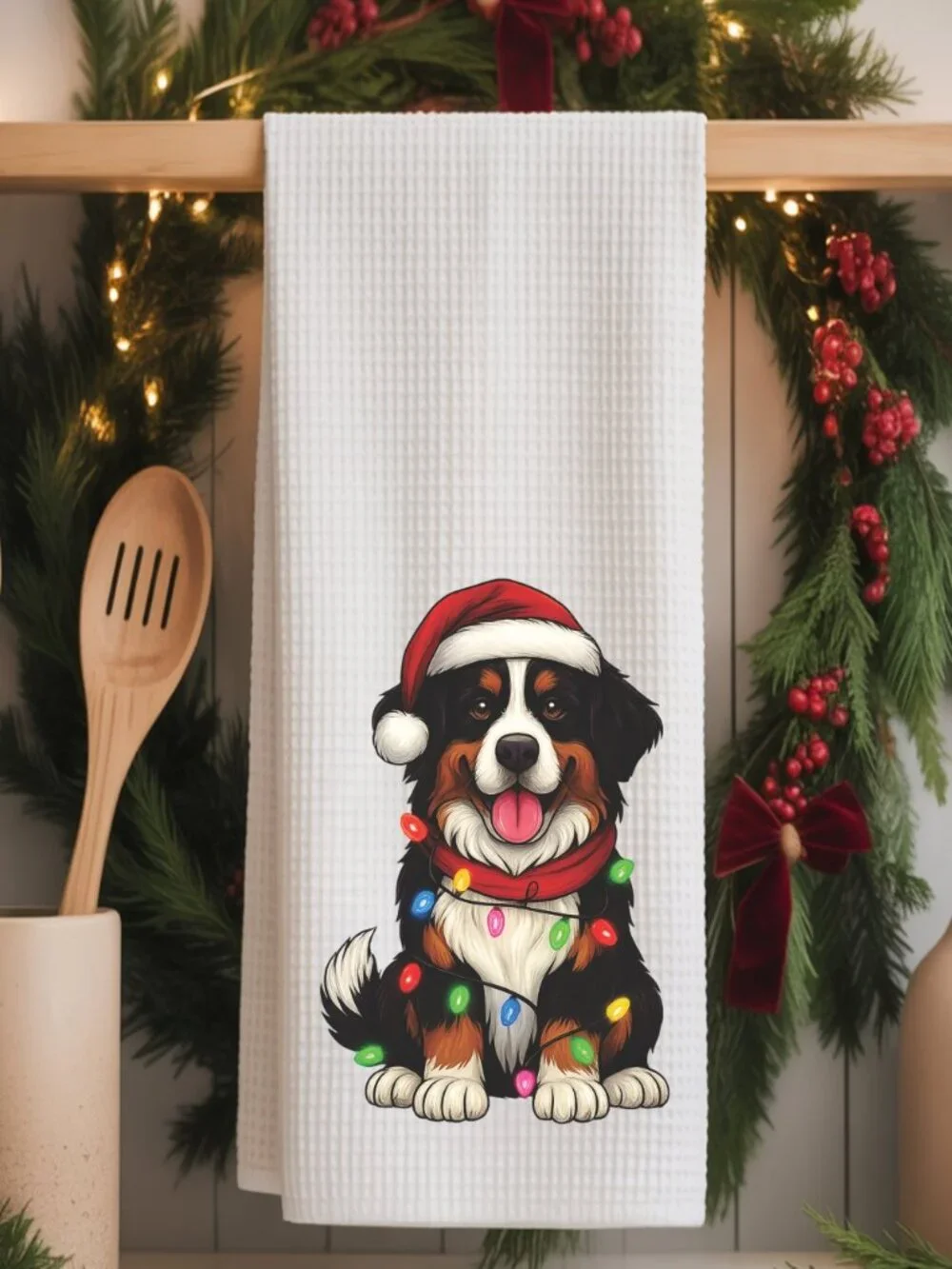Bernese Mountain Dog Christmas Lights Decorative Kitchen Tea Towel